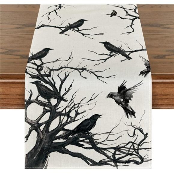 Silhouette Tree Crows Halloween Table‎ Runner - 13x72 Inch Fall Branches Decor - Picture 1 of 7
